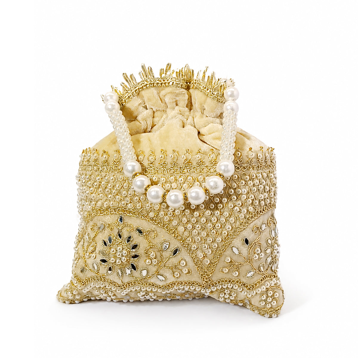 Embroidered Potli Bag with Pearl Beaded Handle & Mirror Work Bag