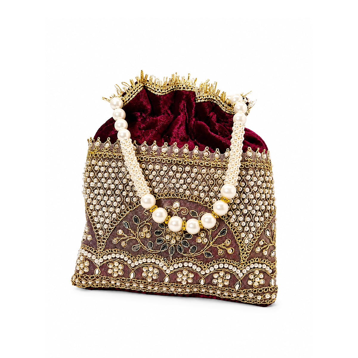 Embroidered Potli Bag with Pearl Beaded Handle & Mirror Work Bag