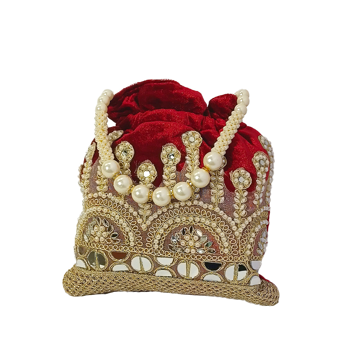 Embroidered Potli Bag with Pearl Beaded Handle & Mirror Work Bag