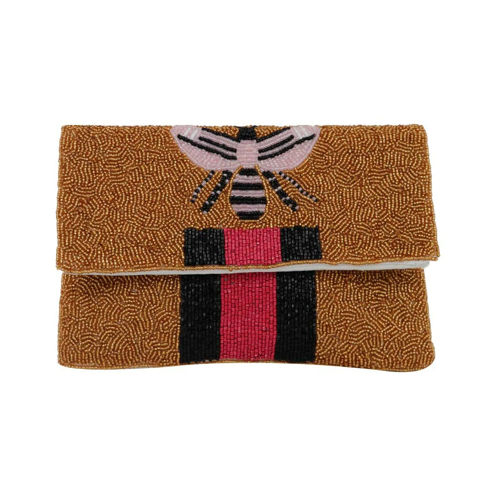 Women’s Bee Embellished Beaded Clutch with Detachable Chain Strap - Brown