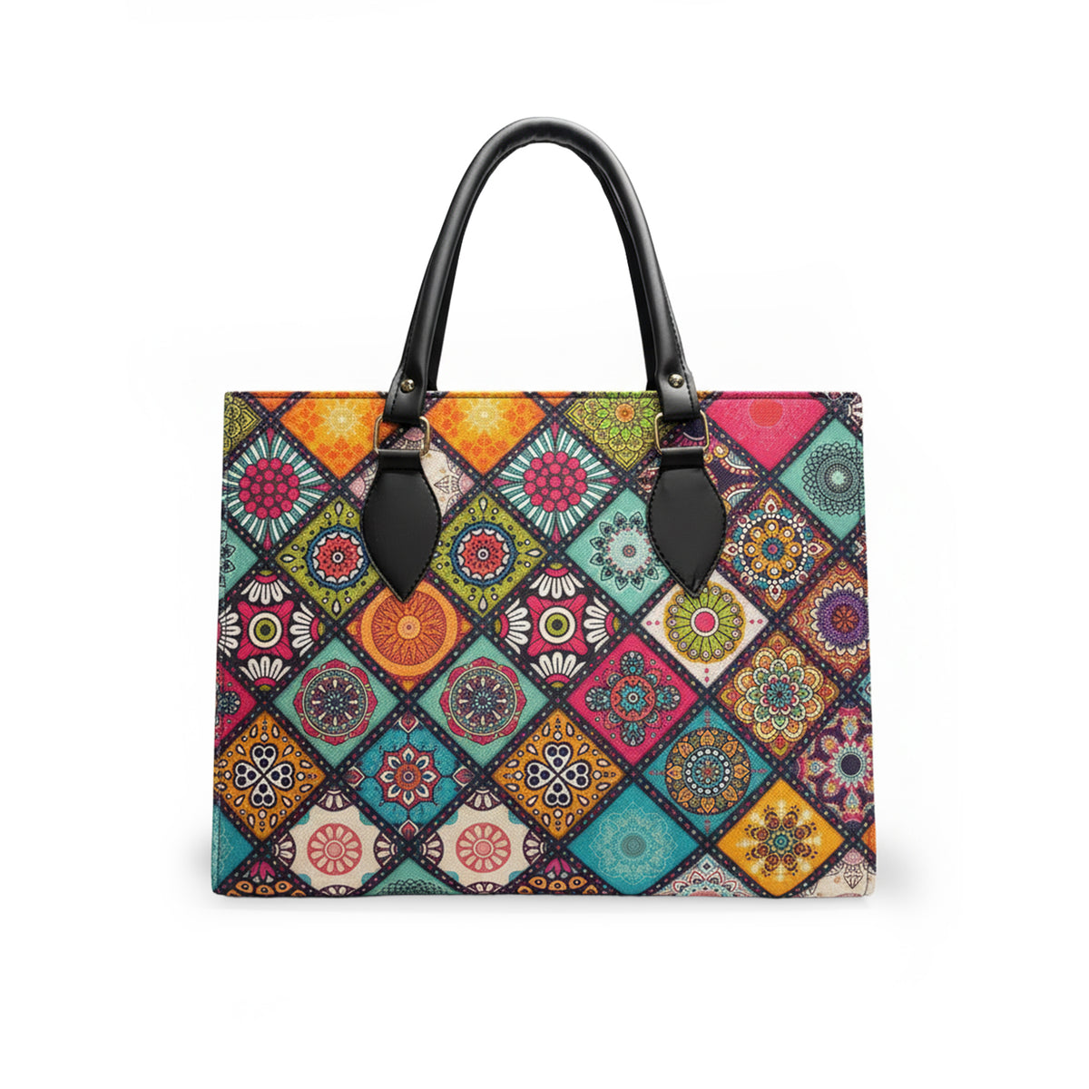 Floral Printed Structured Tote Bag with Black Handles
