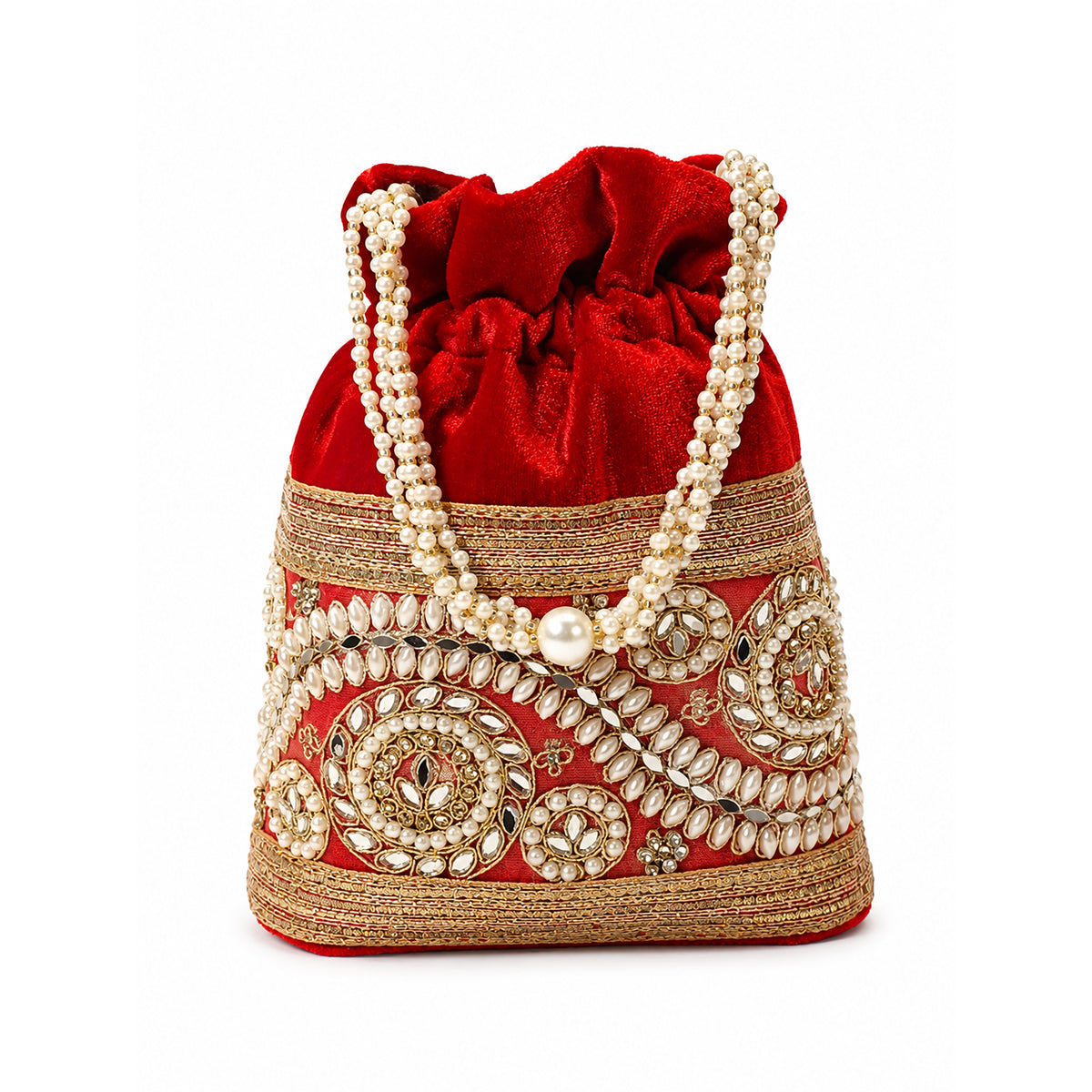 Embroidered Potli Bag with Pearl Beaded Handle & Mirror Work Bag
