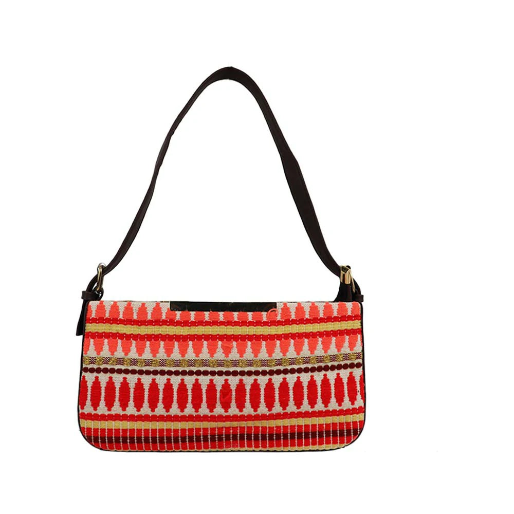 Embroidered Shoulder Bag with Detachable Strap and Zipper Closure - multiColor