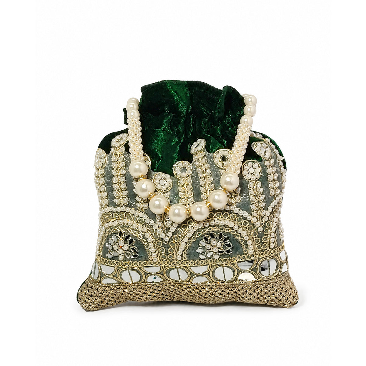 Embroidered Potli Bag with Pearl Beaded Handle & Mirror Work Bag
