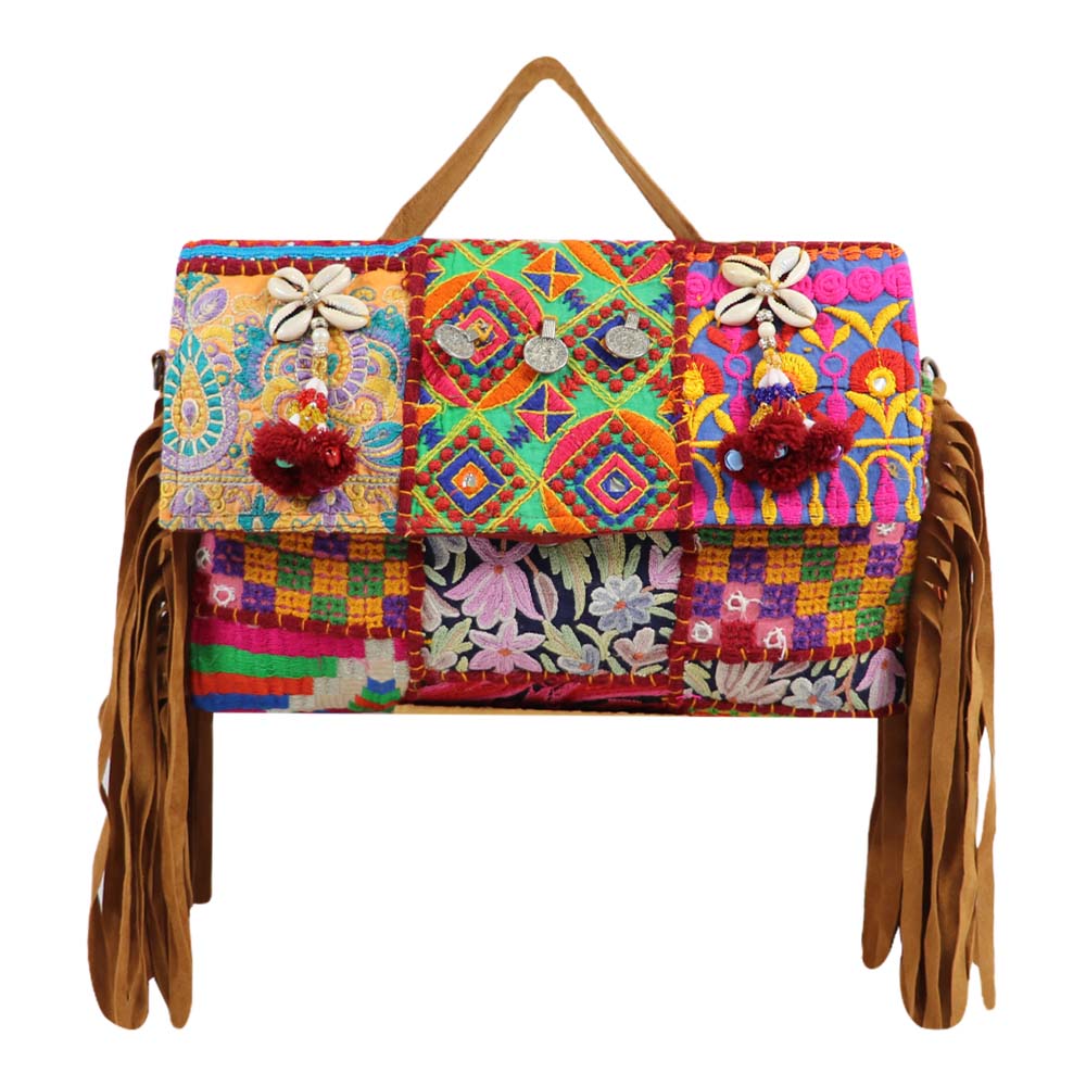 Bohemian Patchwork Fringe Handbag with Tribal Embellishments