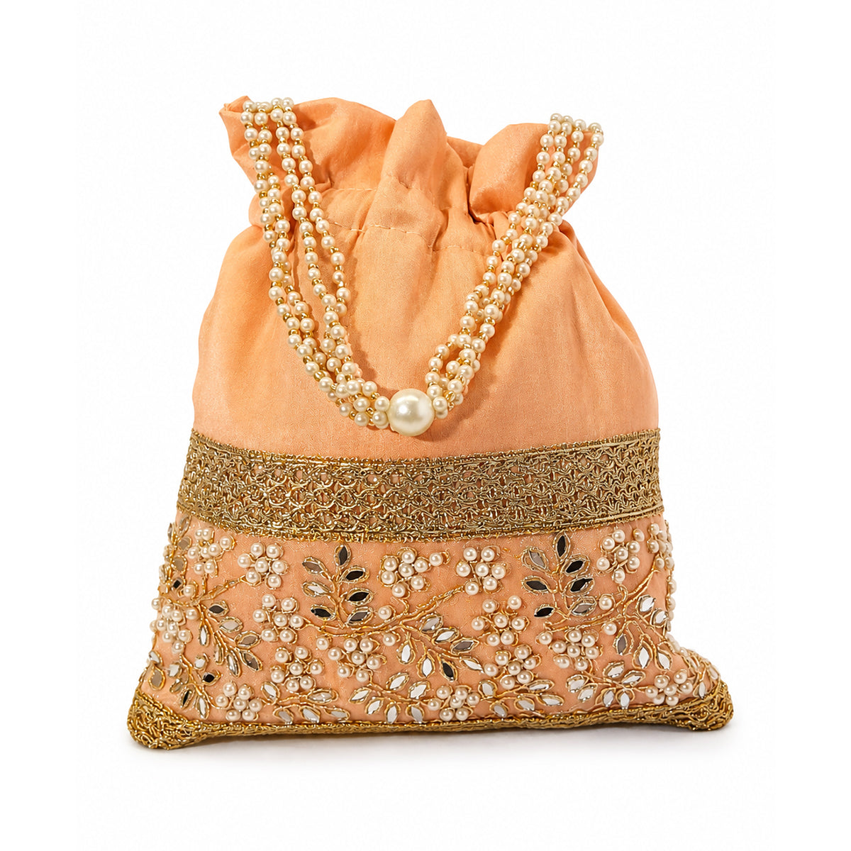 Embroidered Potli Bag with Pearl Beaded Handle & Mirror Work Bag