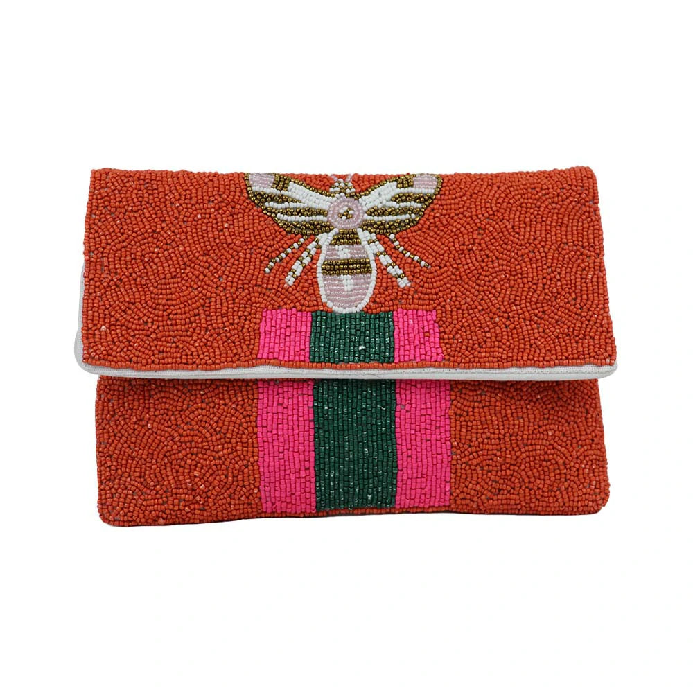 Women’s Bee Embellished Beaded Clutch with Detachable Chain Strap