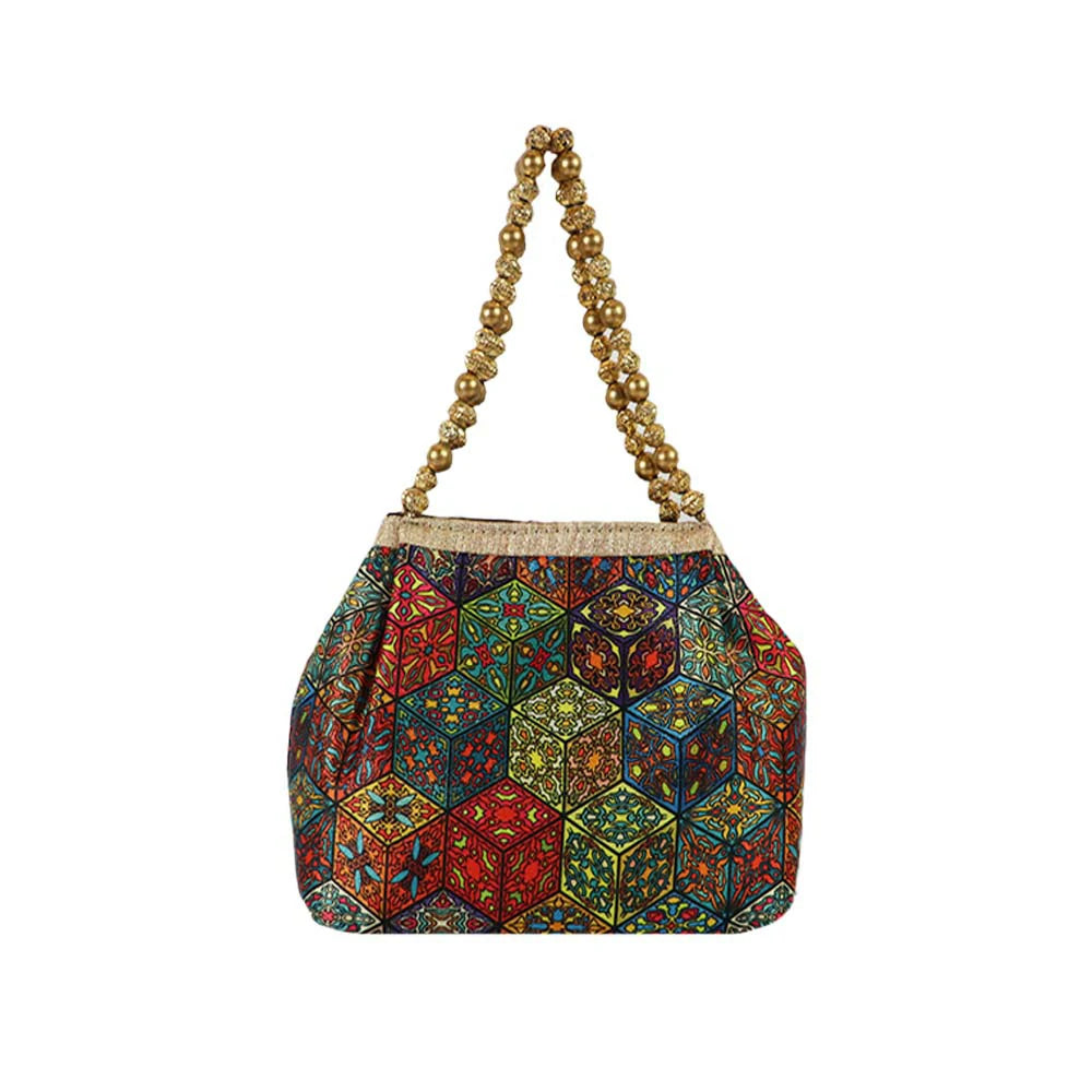Women’s Multicolor Patchwork Handbag with Golden Beaded Handle - MultiColor