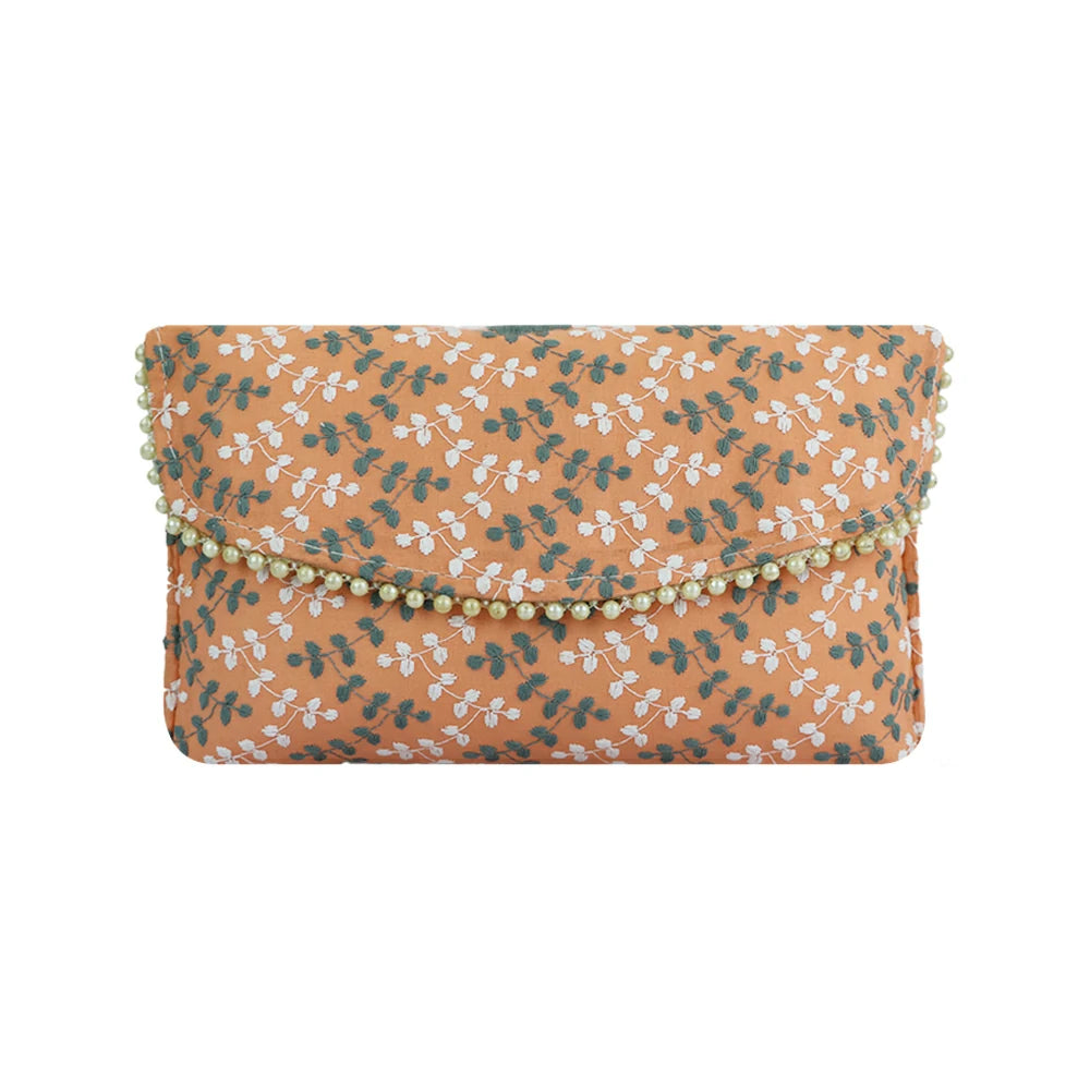 Women’s Floral Embroidered Clutch with Pearl Lace