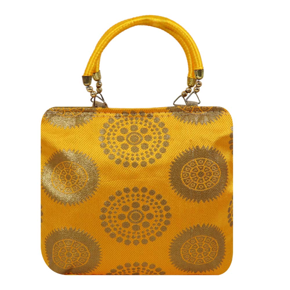 Brocade Handbag with Circular Motif and Wooden Handles