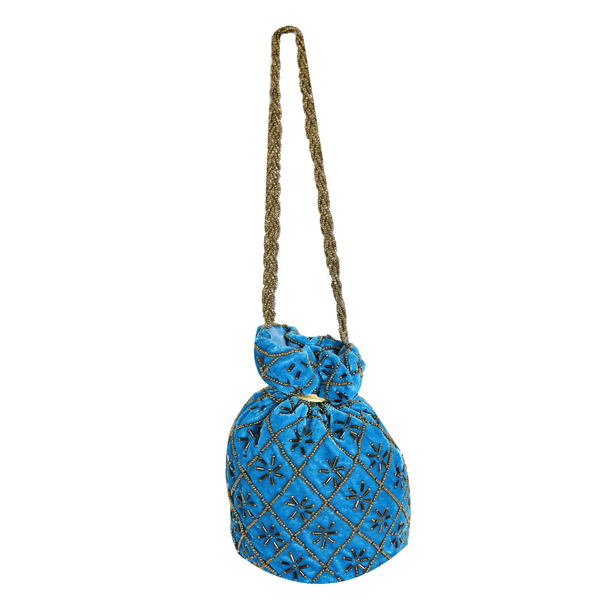 Women Blue Embroidered Potli Bag with Golden Bead Work & Chain Strap