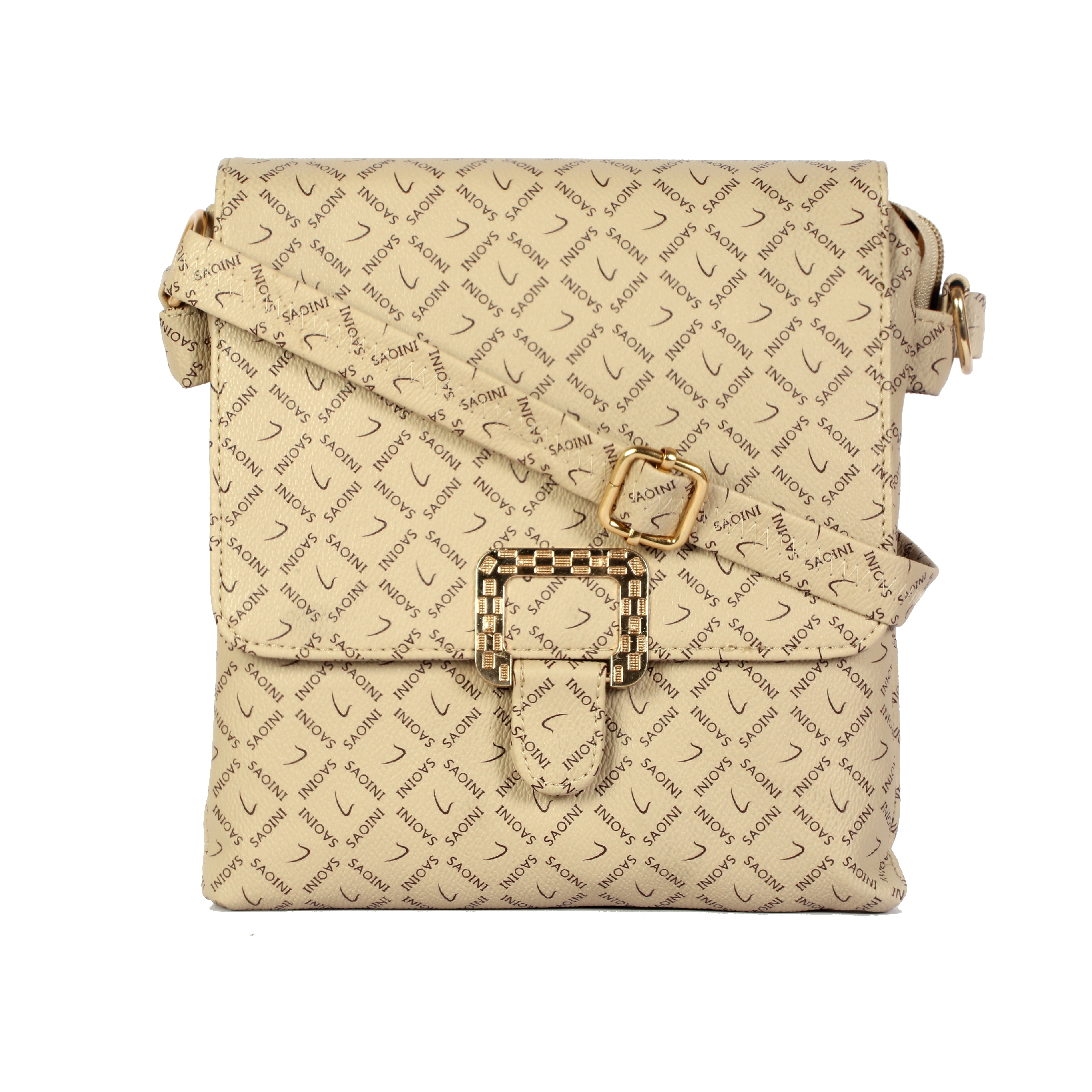 Printed Sling Bag for Women with Buckle Flap Closure - Cream