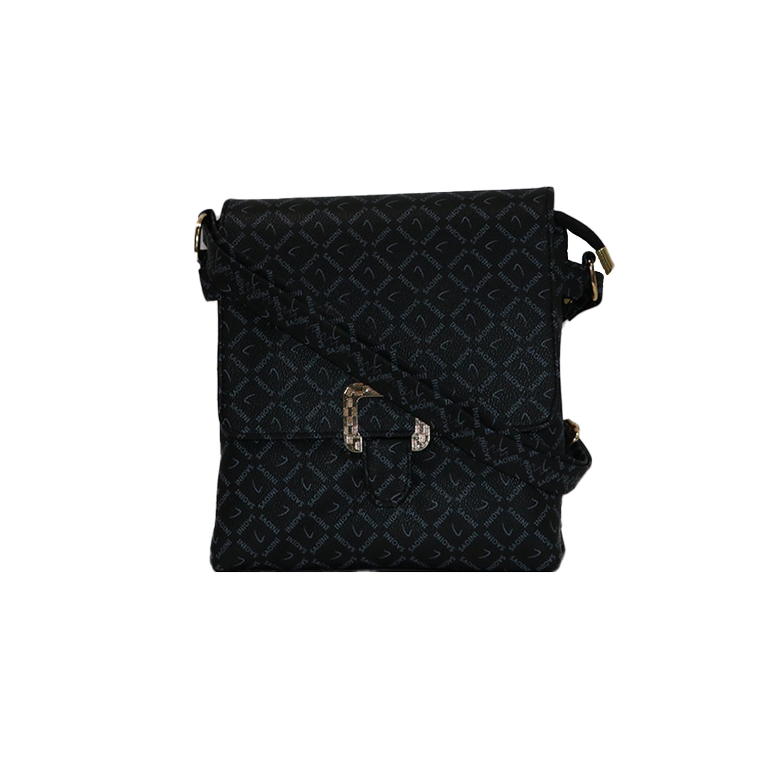 Printed Sling Bag for Women with Buckle Flap Closure - black