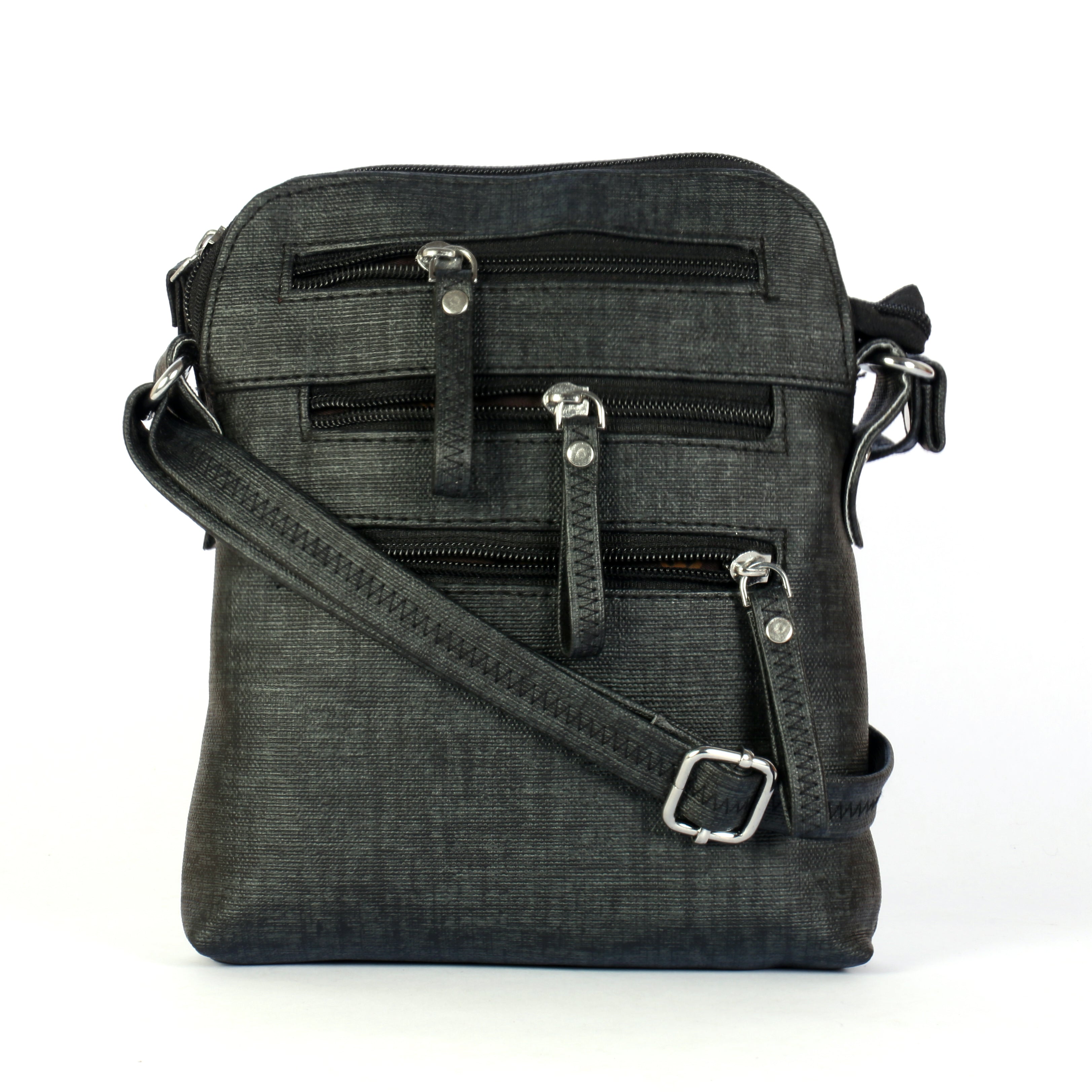 Women’s Multi-Zip Crossbody Sling Bag with Adjustable Strap - black