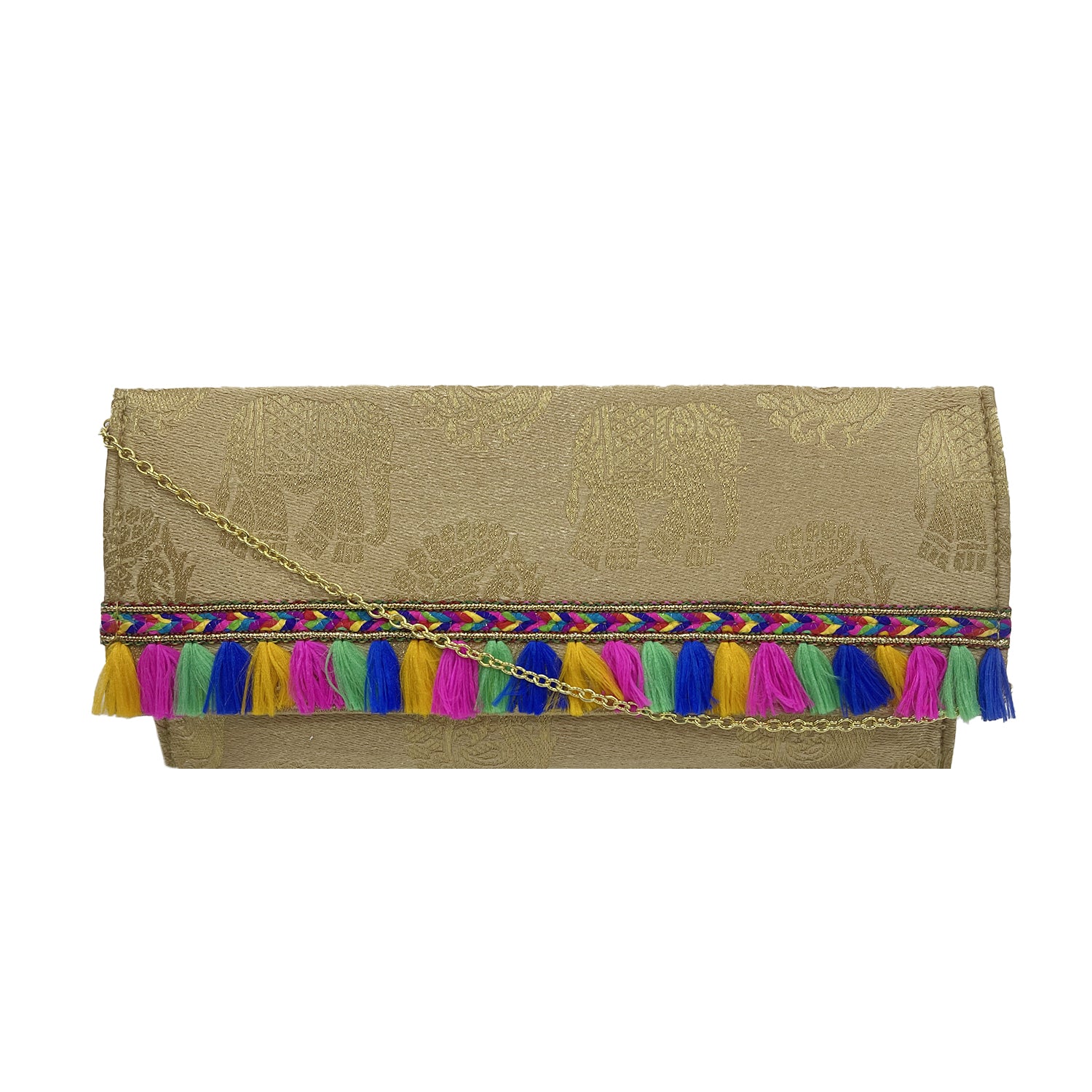 Gold Ethnic Jacquard Clutch with Tassels & Chain Strap for Women - Gold with Multicolor Tassels