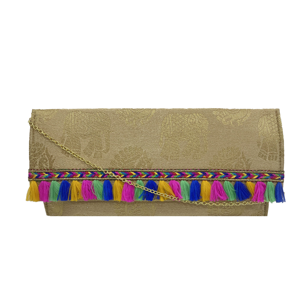 Gold Ethnic Jacquard Clutch with Tassels & Chain Strap for Women