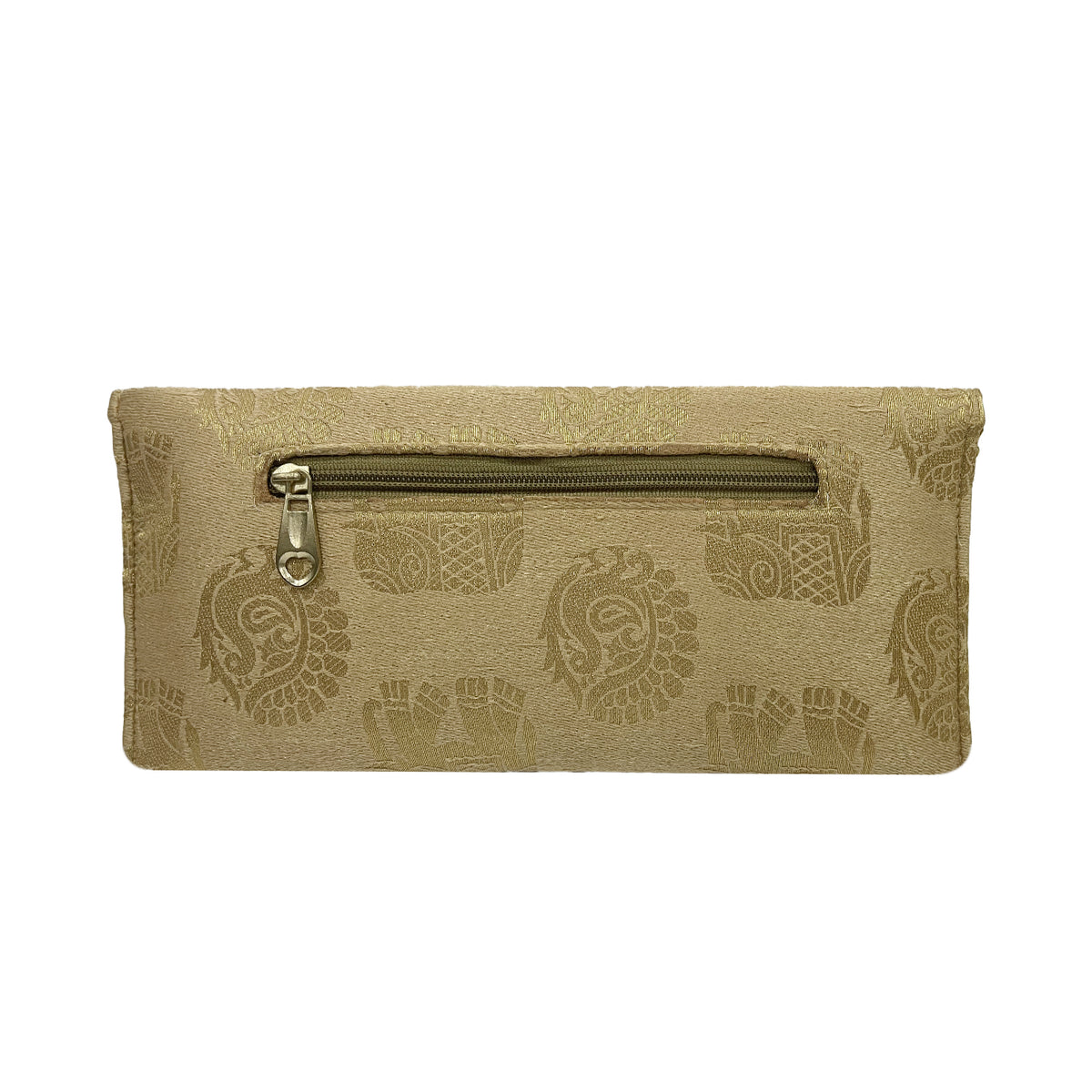 Gold Ethnic Jacquard Clutch with Tassels & Chain Strap for Women