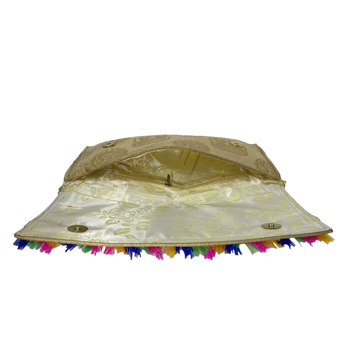 Gold Ethnic Jacquard Clutch with Tassels & Chain Strap for Women