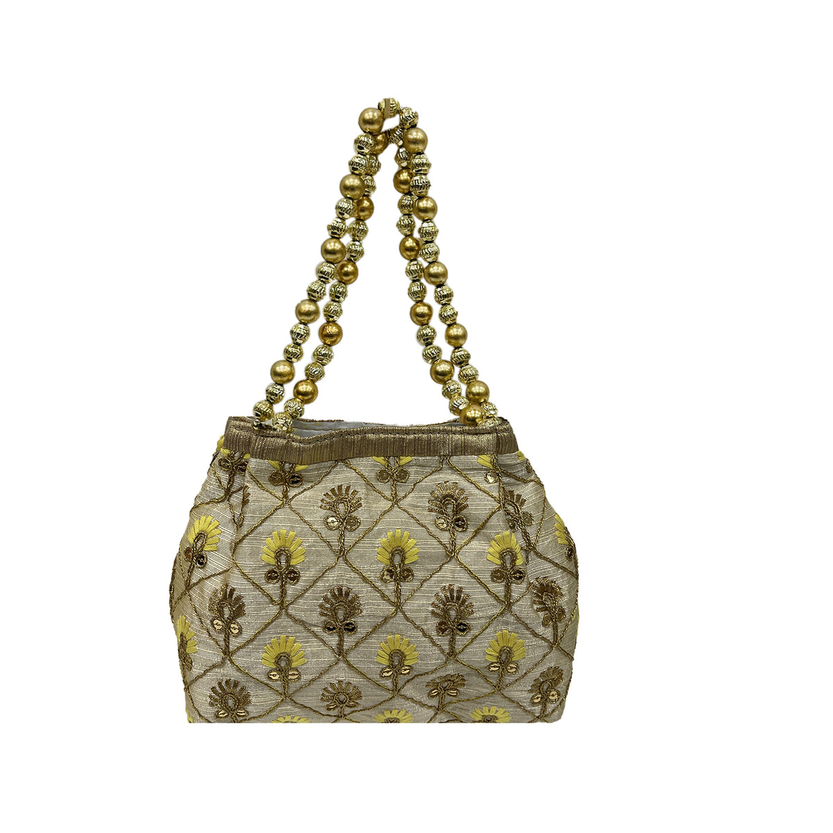 Gold Embroidered Ethnic Potli Handbag with Beaded Handle for Women