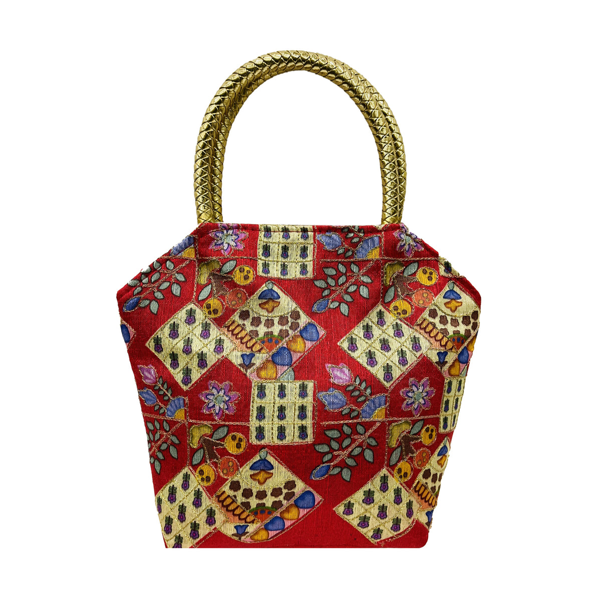 Embroidered Ethnic Handbag with Gold Metal Handles for Women