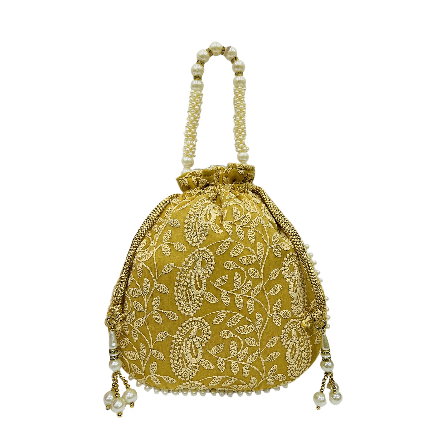 Embroidered Ethnic Potli Bag with Pearl Handle for Women - Yellow