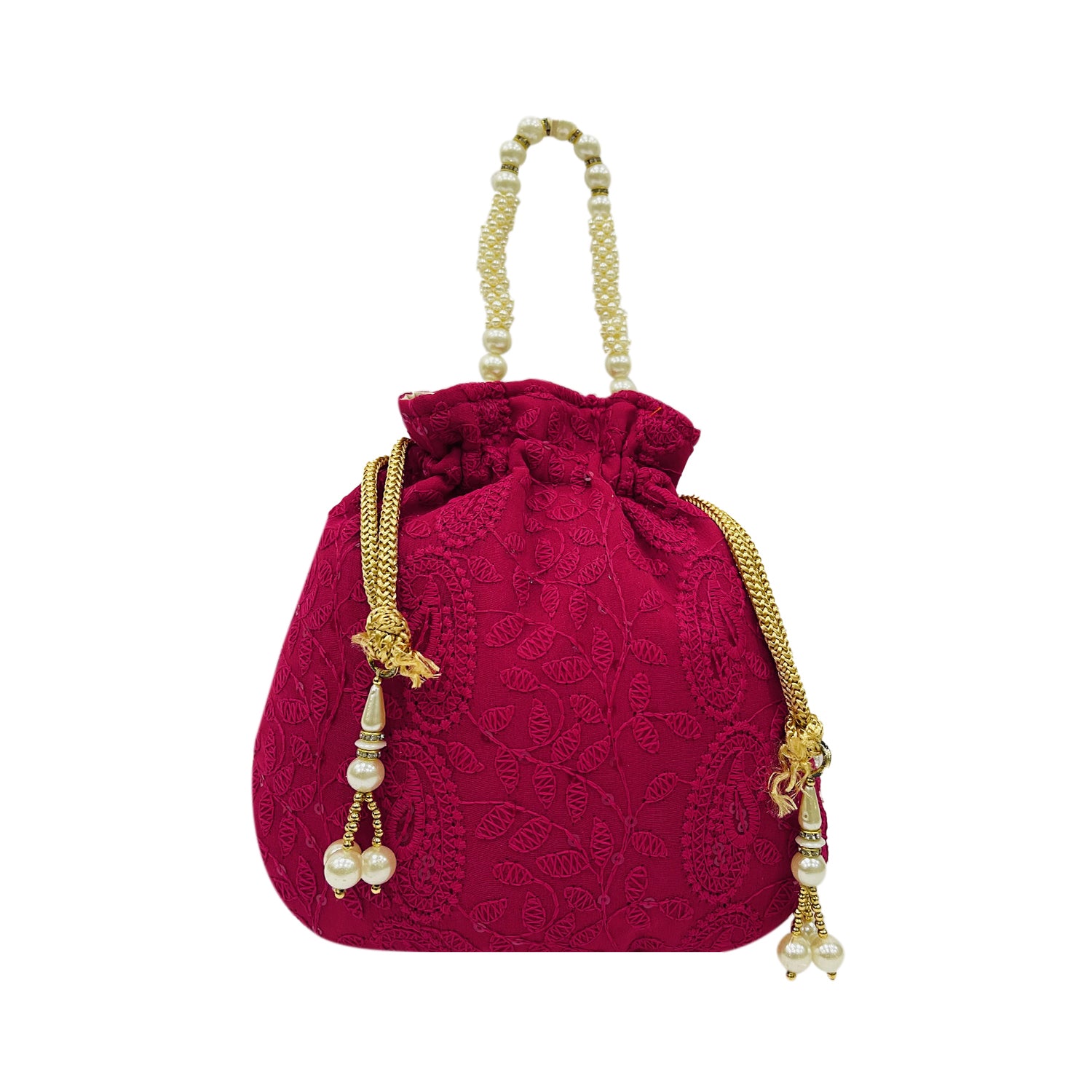 Embroidered Ethnic Potli Bag with Pearl Handle for Women - marron