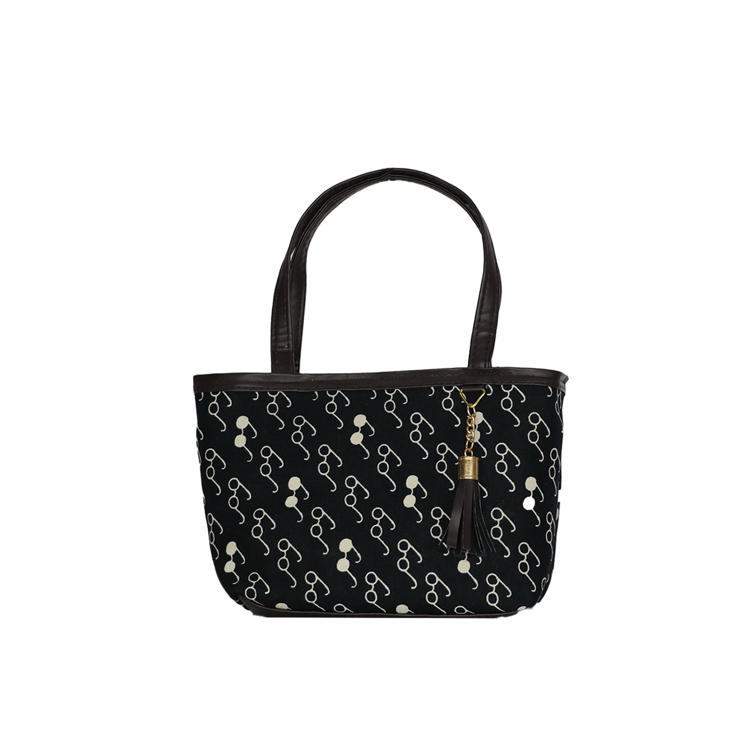 Printed Tote Handbag for Women with Tassel Charm - Black with White Print