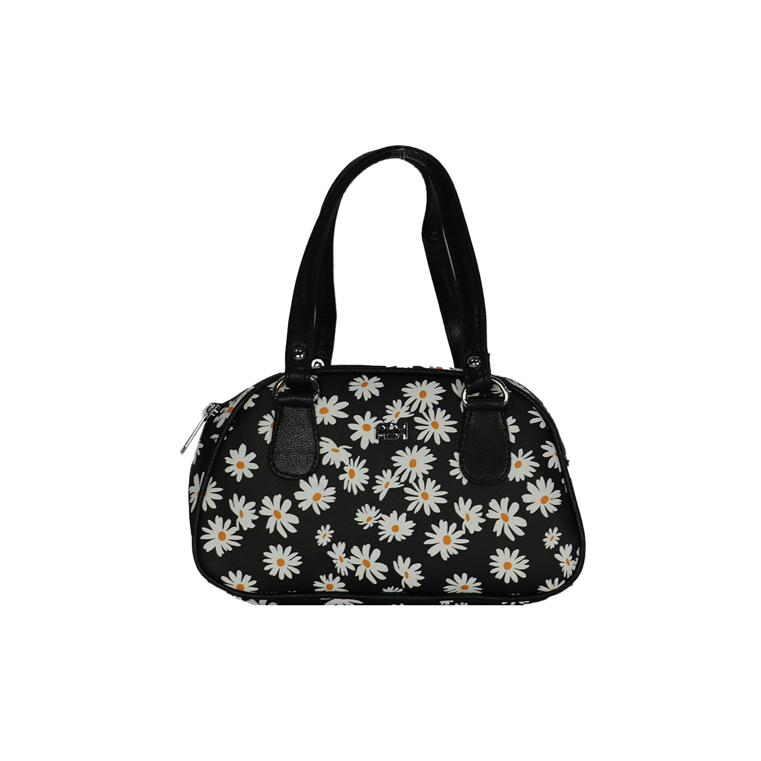 Floral Handbag for Women with Dual Handles and Double Zipper Compartments - Black Daisy Floral