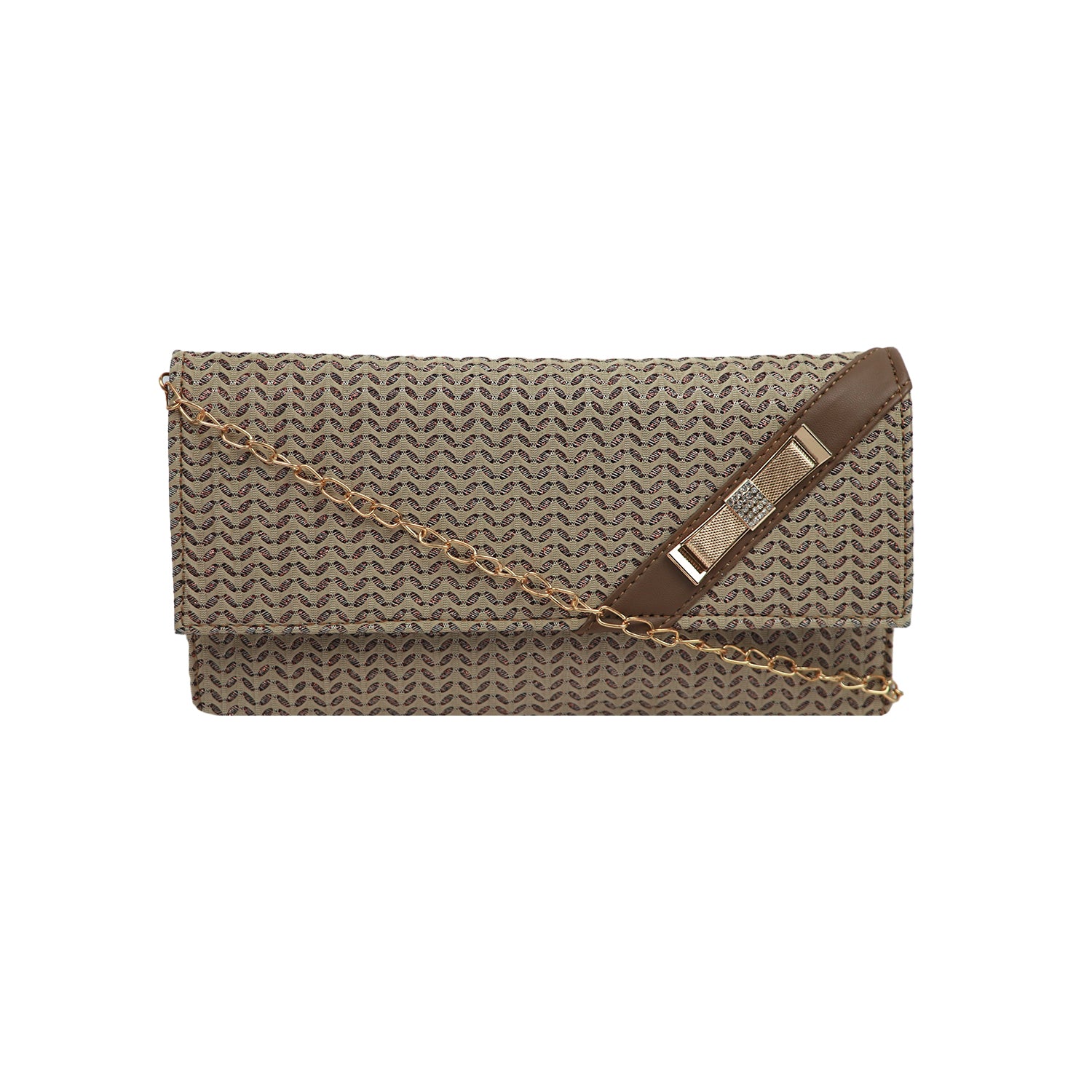 Patterned Clutch Bag for Women with Chain Strap and Magnetic Flap Closure - Beige Brown Pattern