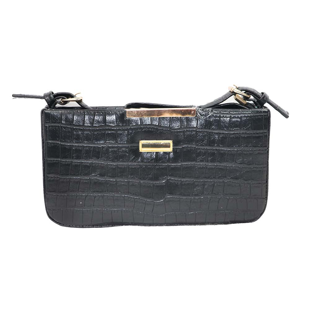 Crocodile Texture Clutch Bag for Women with Metal Frame Closure - BLACK