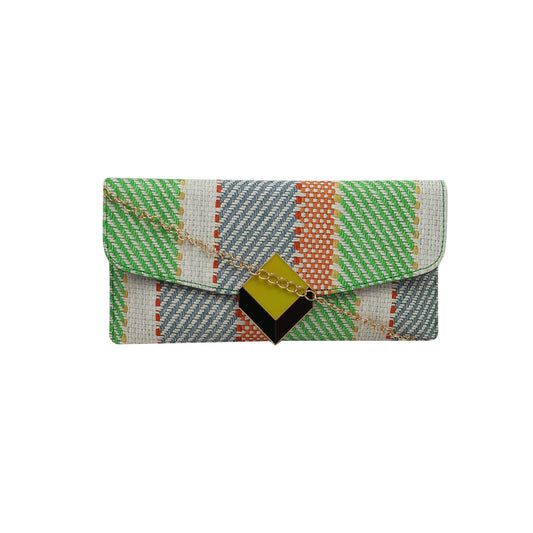 Multi-Color Woven Pattern Clutch Bag for Women with Chain Strap and Geometric Clasp