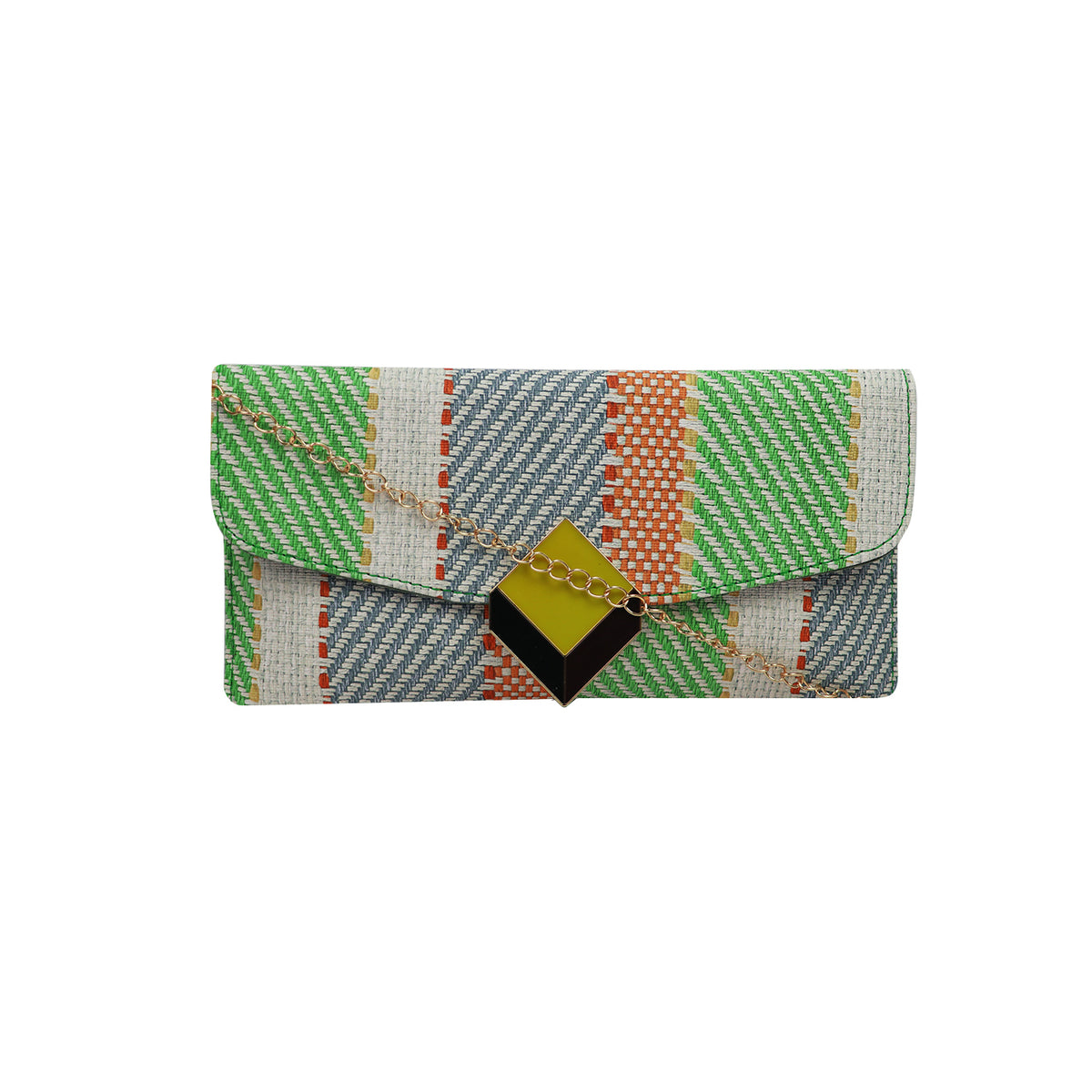 Multi-Color Woven Pattern Clutch Bag for Women with Chain Strap and Geometric Clasp