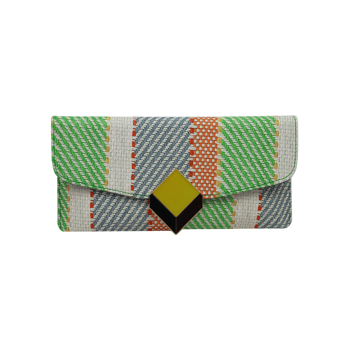 Multi-Color Woven Pattern Clutch Bag for Women with Chain Strap and Geometric Clasp