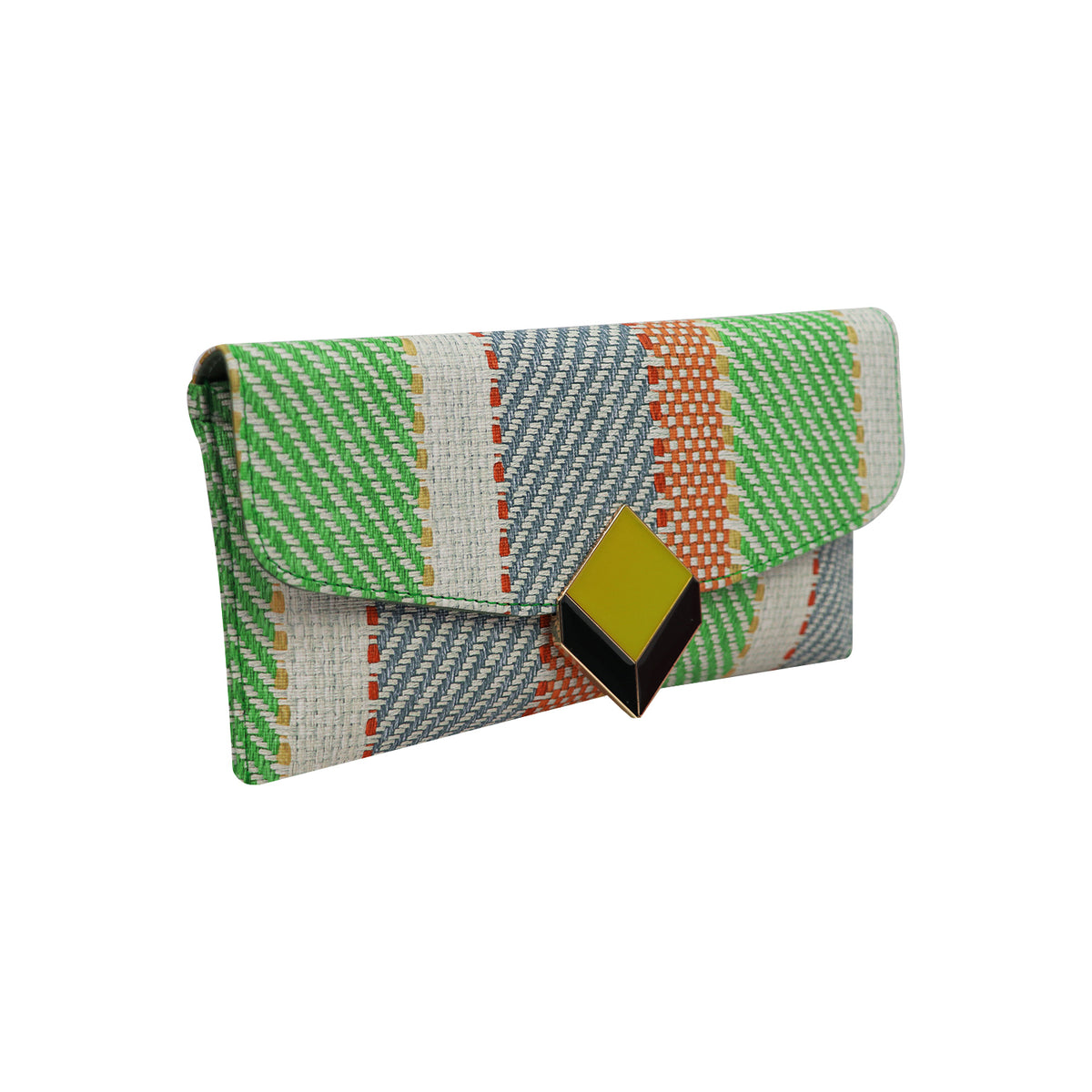 Multi-Color Woven Pattern Clutch Bag for Women with Chain Strap and Geometric Clasp