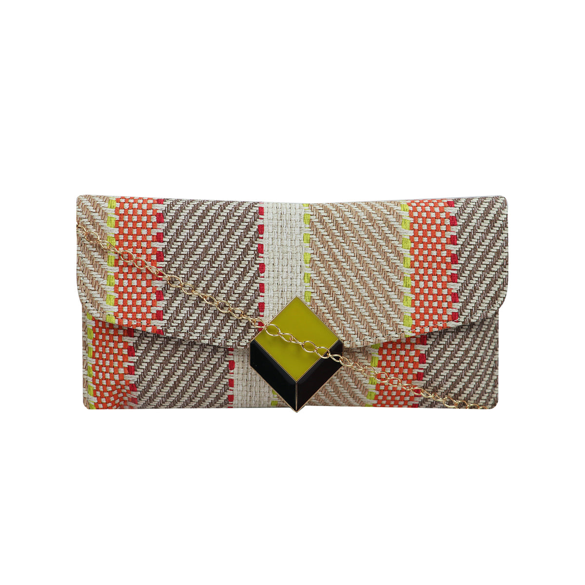 Multi-Color Woven Pattern Clutch Bag for Women with Chain Strap and Geometric Clasp