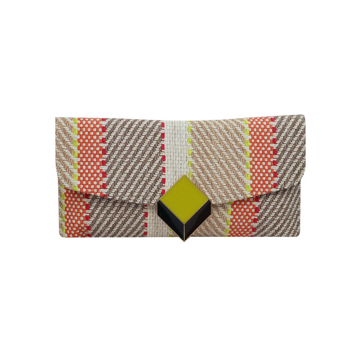 Multi-Color Woven Pattern Clutch Bag for Women with Chain Strap and Geometric Clasp