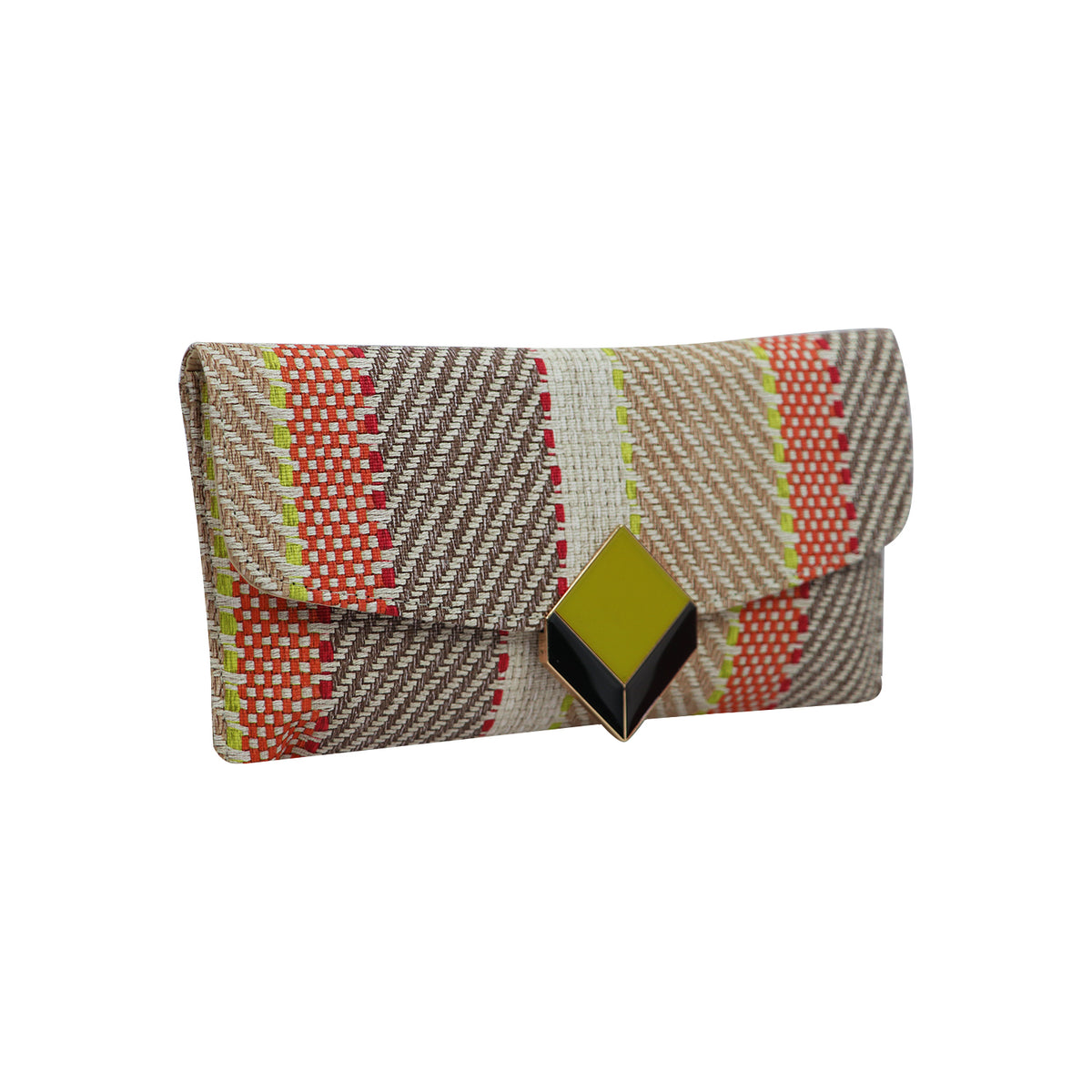 Multi-Color Woven Pattern Clutch Bag for Women with Chain Strap and Geometric Clasp