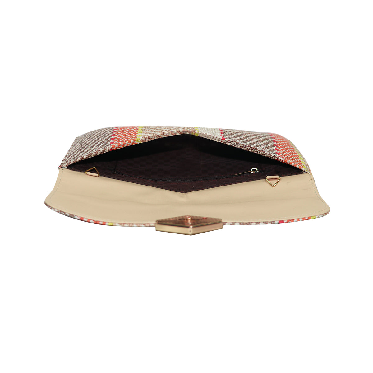 Multi-Color Woven Pattern Clutch Bag for Women with Chain Strap and Geometric Clasp