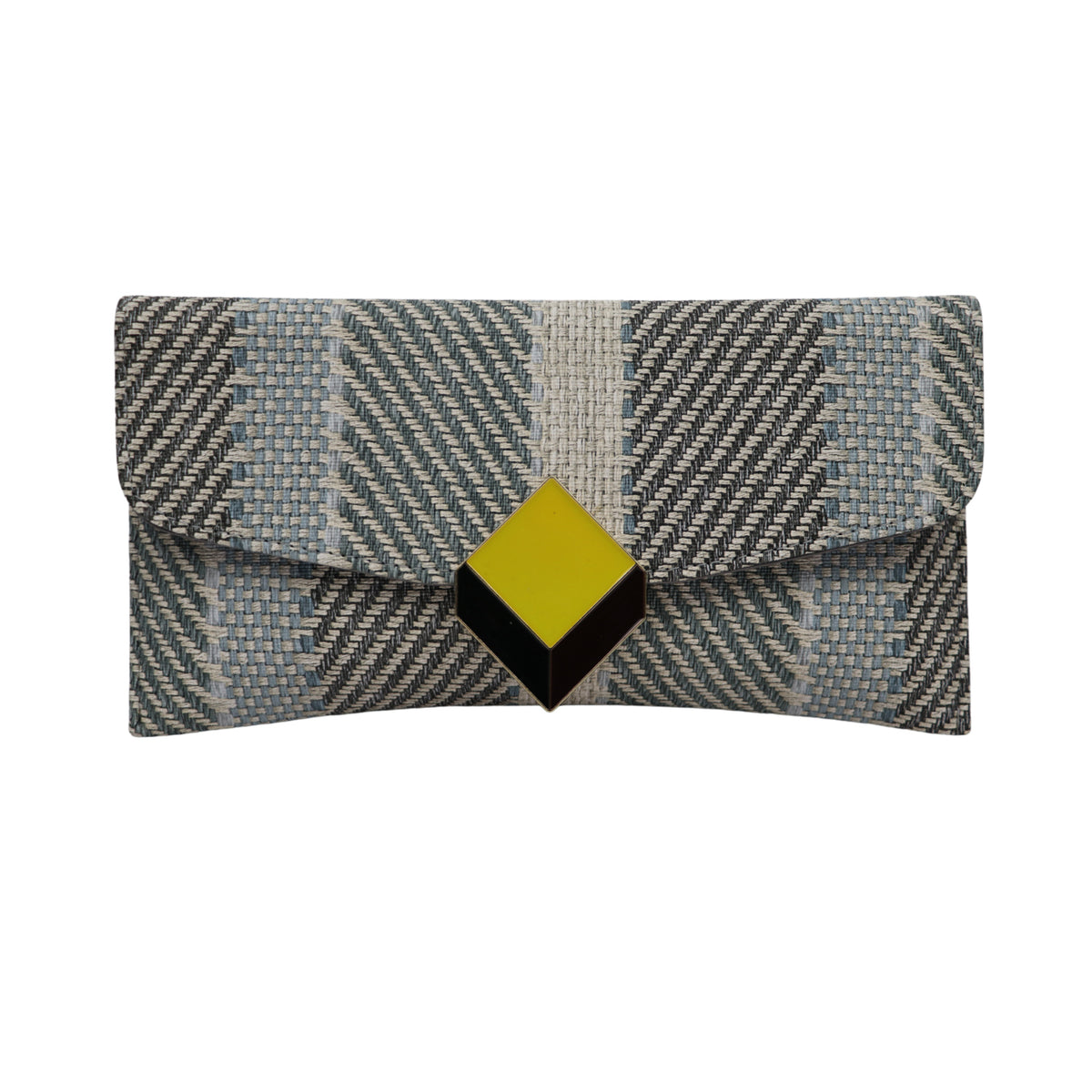 A modern handcrafted clutch with textured weave and bold metal detailing