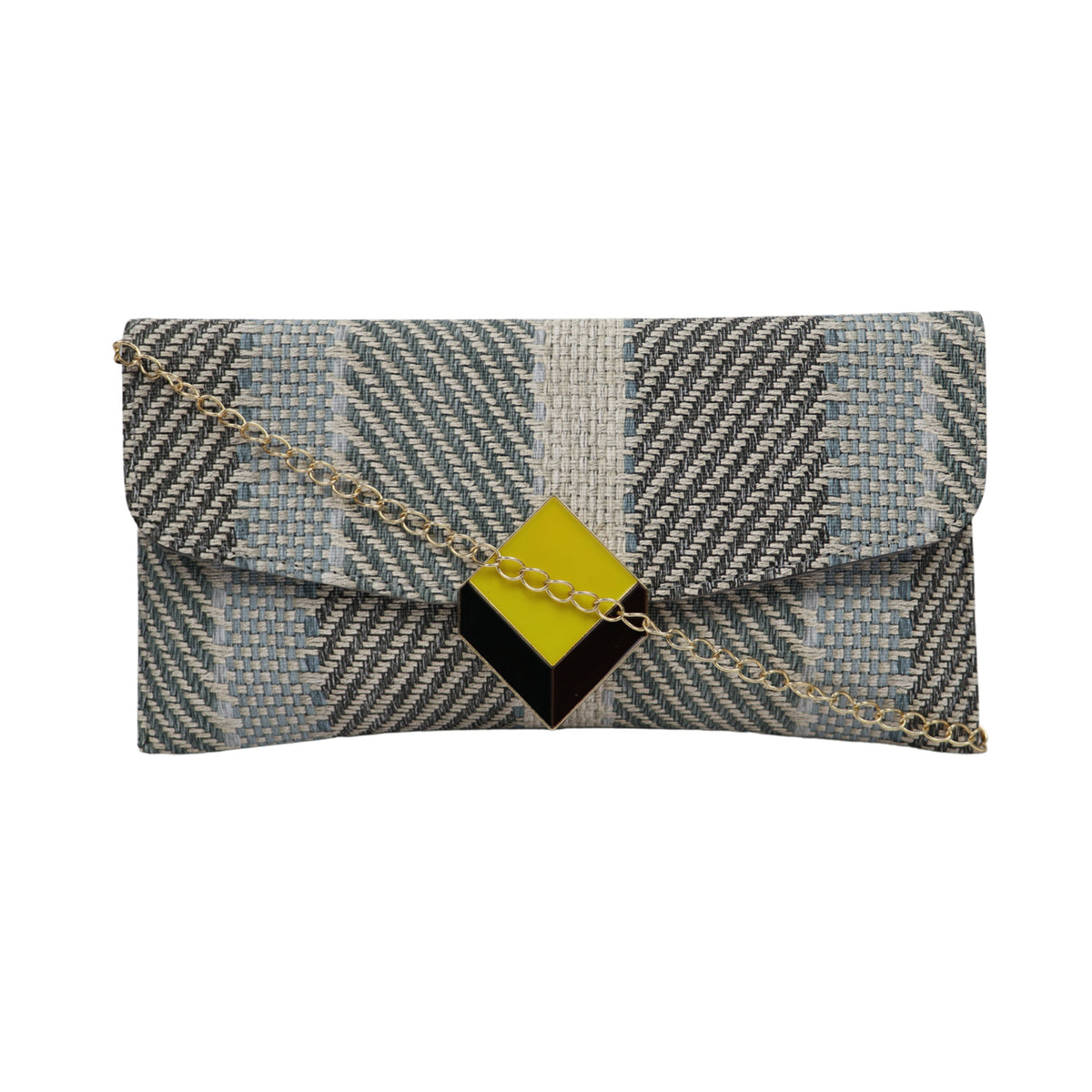 A modern handcrafted clutch with textured weave and bold metal detailing