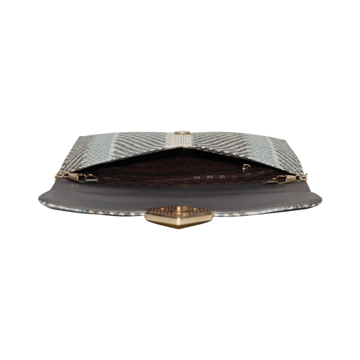 A modern handcrafted clutch with textured weave and bold metal detailing