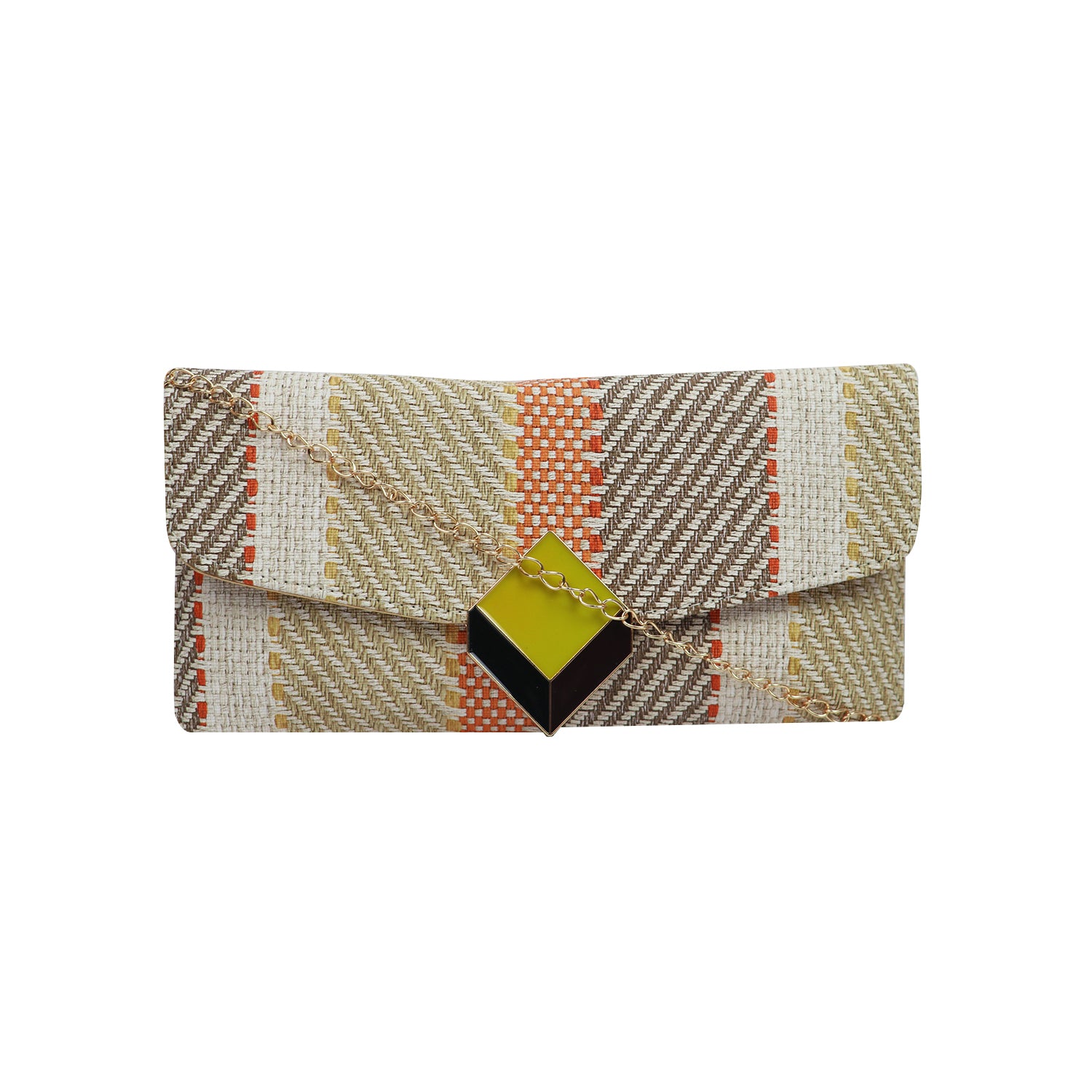 A modern handcrafted clutch with textured weave and bold metal detailing - Multicolor