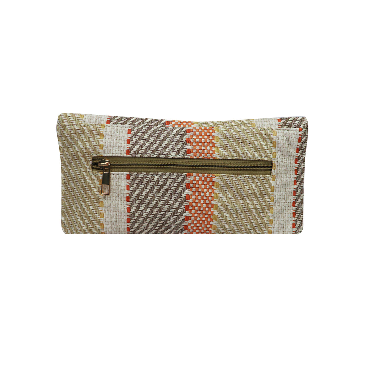 A modern handcrafted clutch with textured weave and bold metal detailing