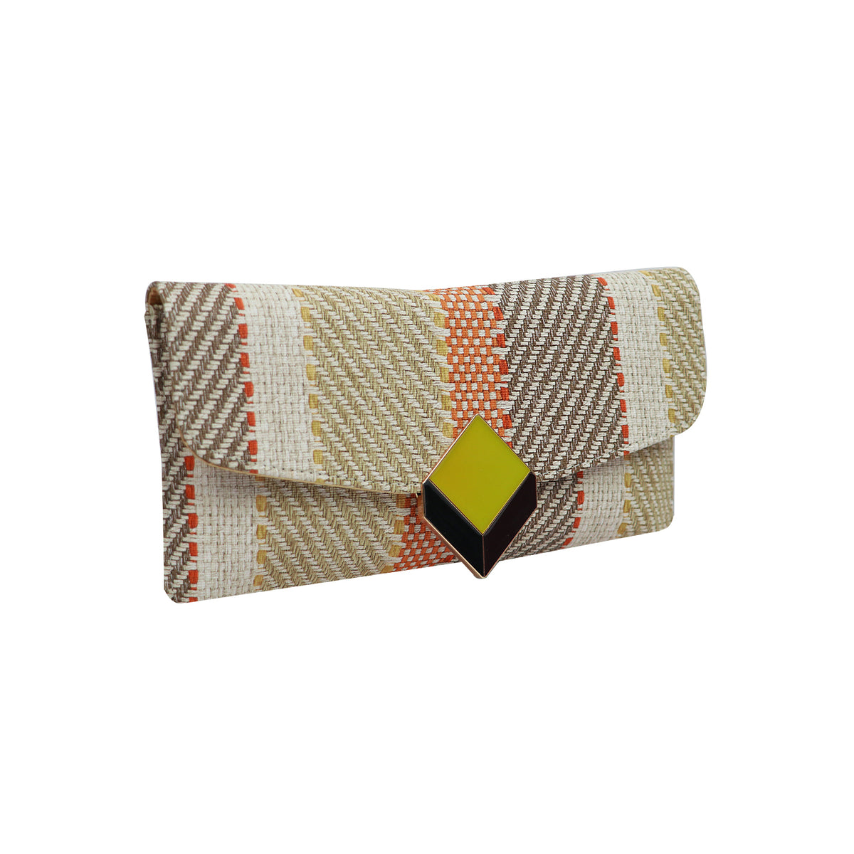 A modern handcrafted clutch with textured weave and bold metal detailing