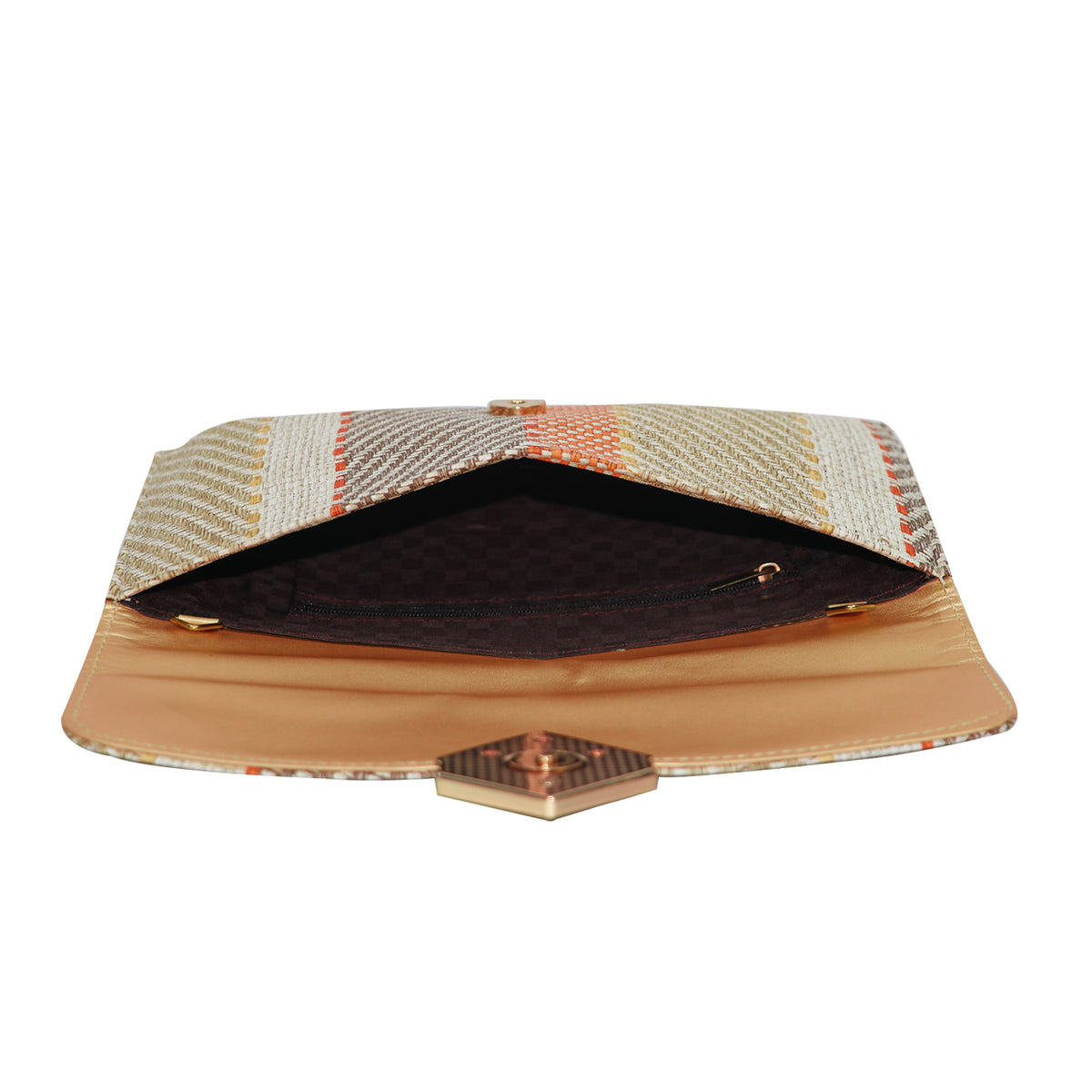 A modern handcrafted clutch with textured weave and bold metal detailing