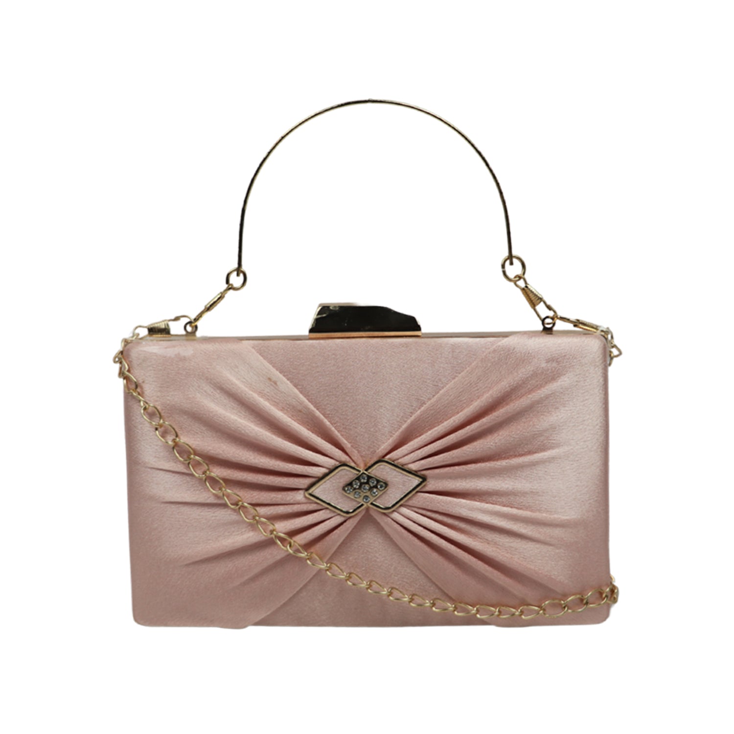 Pink Satin Evening Clutch Bag for Women with Metal Frame and Chain Strap - Pink