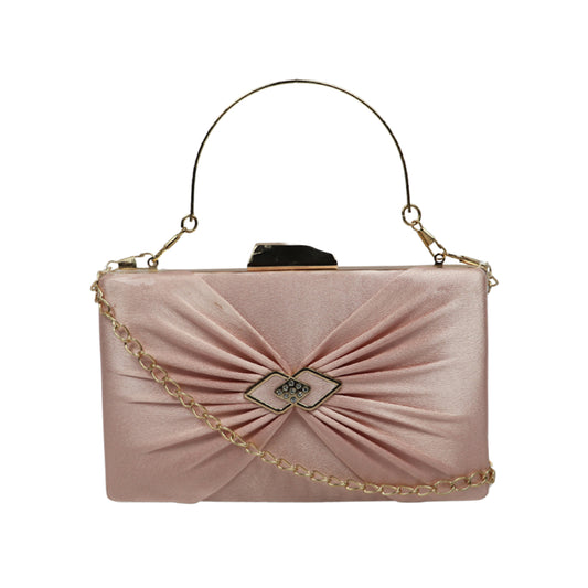 Pink Satin Evening Clutch Bag for Women with Metal Frame and Chain Strap