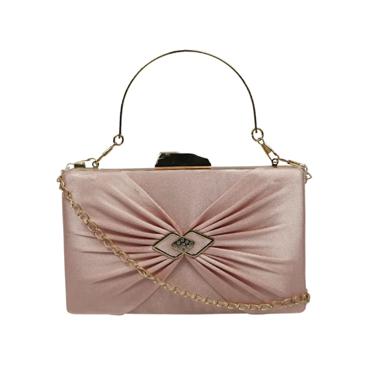 Pink Satin Evening Clutch Bag for Women with Metal Frame and Chain Strap