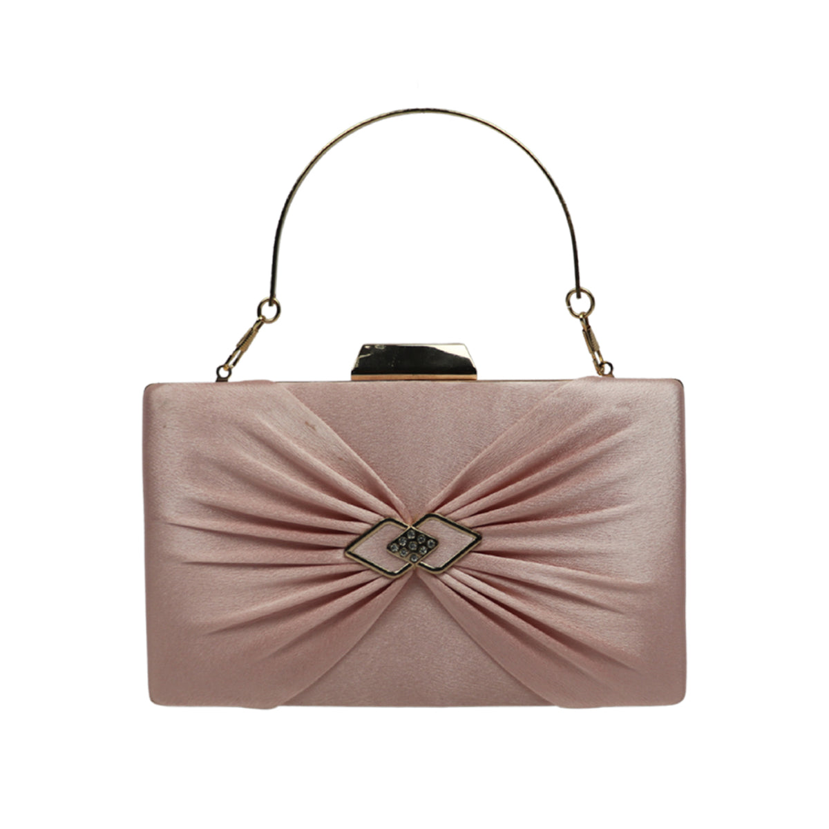 Pink Satin Evening Clutch Bag for Women with Metal Frame and Chain Strap