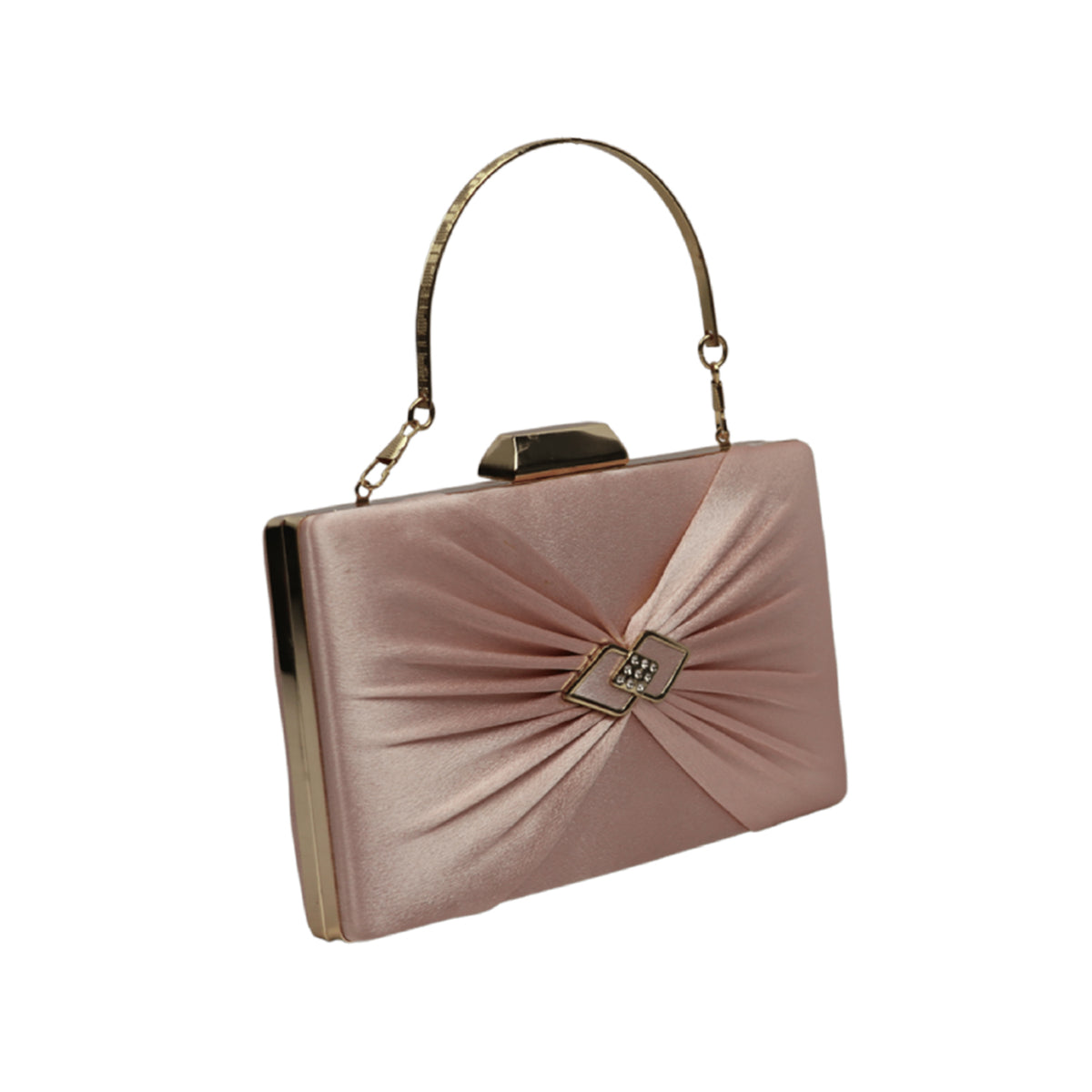 Pink Satin Evening Clutch Bag for Women with Metal Frame and Chain Strap
